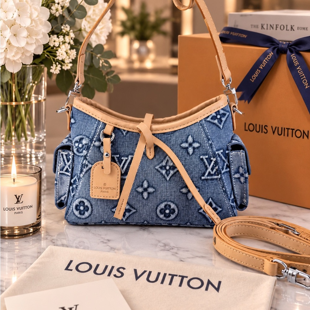 Louis Vuitton Denim Monogram Shoulder Bag with Tan Leather Trim